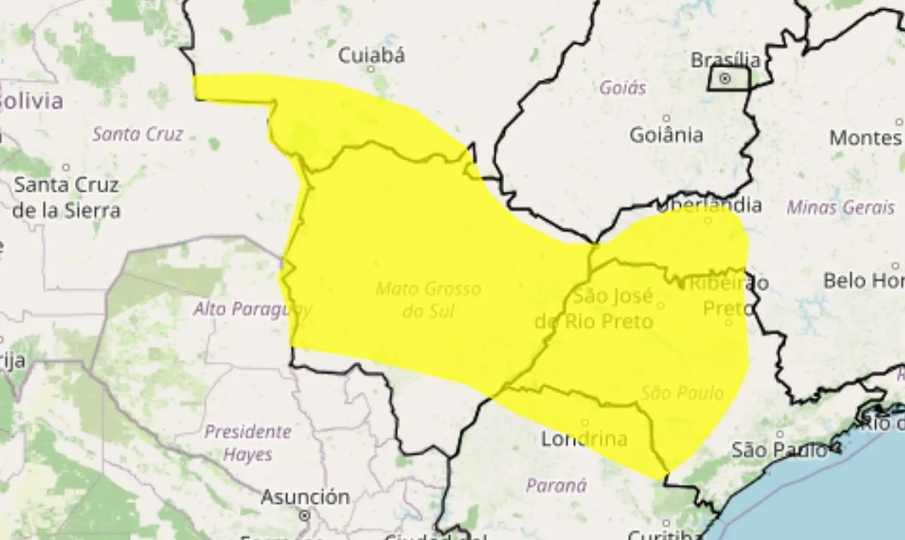 a imagem mostra alerta amarelo para vendaval em 6 estados brasileiros